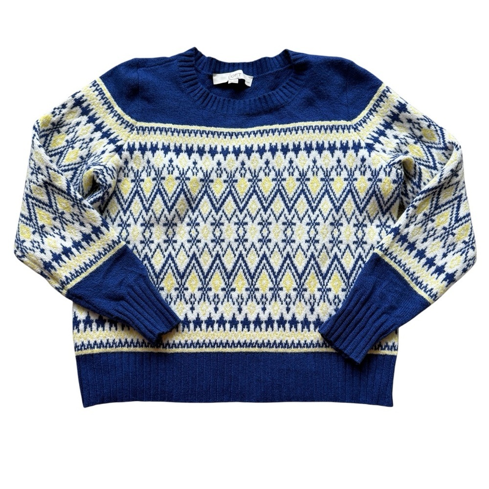 LOFT Fair Isle Sweater Petite Small Blue Nordic Winter Knit Cozy Cottagecore